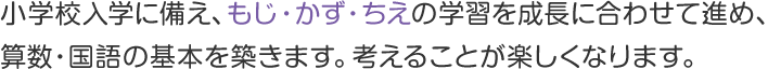 小学校入学に備え、もじ・かず・ちえの学習を成長に合わせて進め、算数・国語の基本を築きます。考えることが楽しくなります。