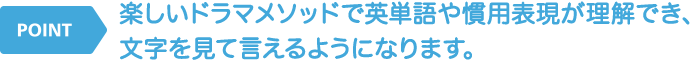 楽しいドラマメソッドで英単語や慣用表現が理解でき、文字を見て言えるようになります。