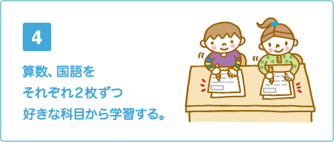 算数、国語をそれぞれ２枚ずつ
好きな科目から学習する。